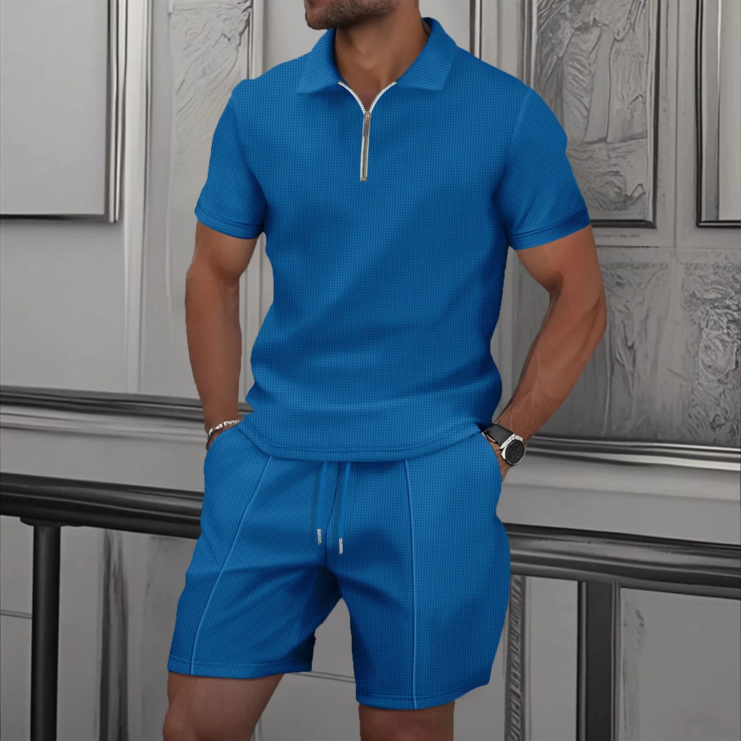 New Mens Zip Polo Sets Solid Color 3D Print Casual Zipper Polo Shirt +Shorts 2pcs Sets Business Sports Outfit Men Tracksuit Suit