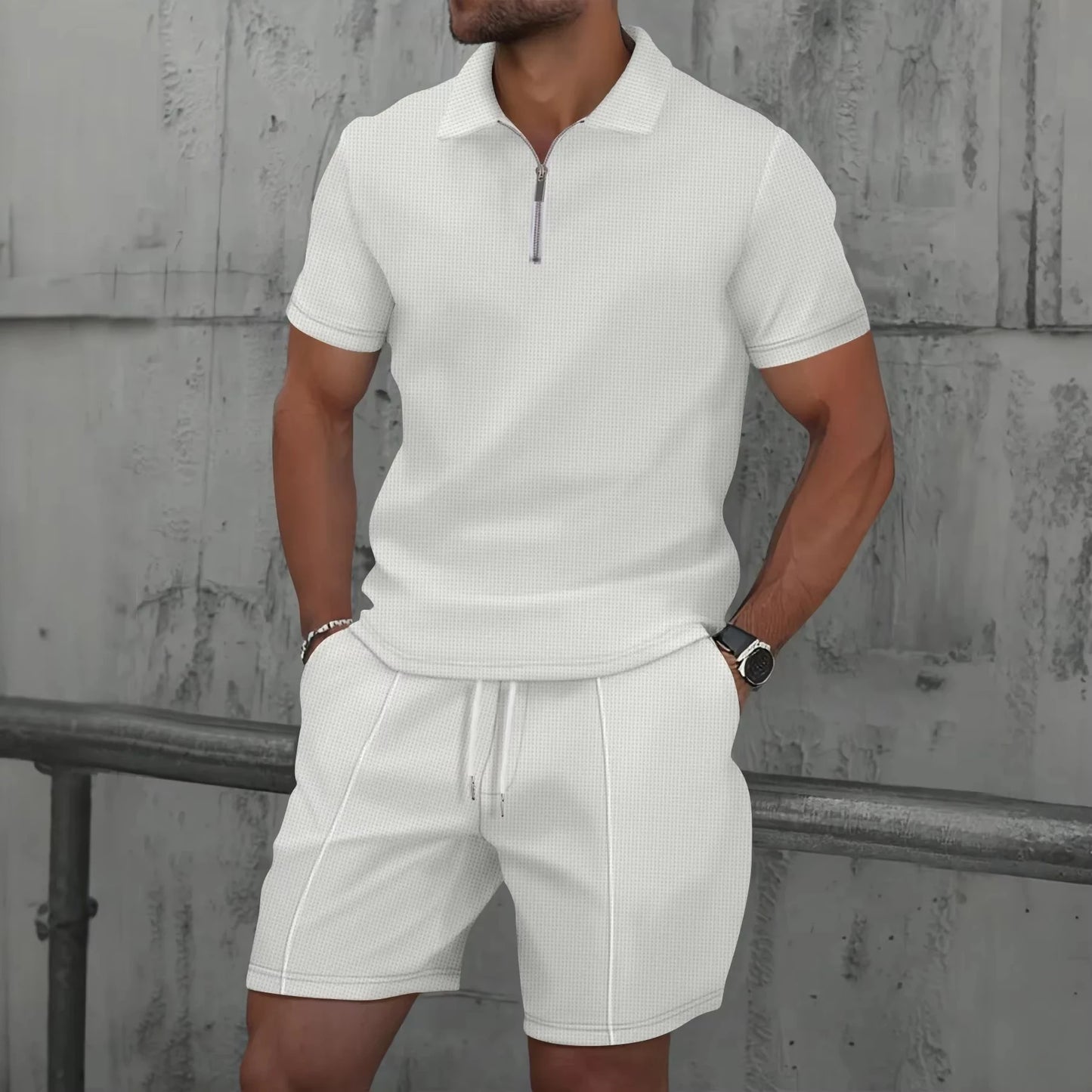 New Mens Zip Polo Sets Solid Color 3D Print Casual Zipper Polo Shirt +Shorts 2pcs Sets Business Sports Outfit Men Tracksuit Suit