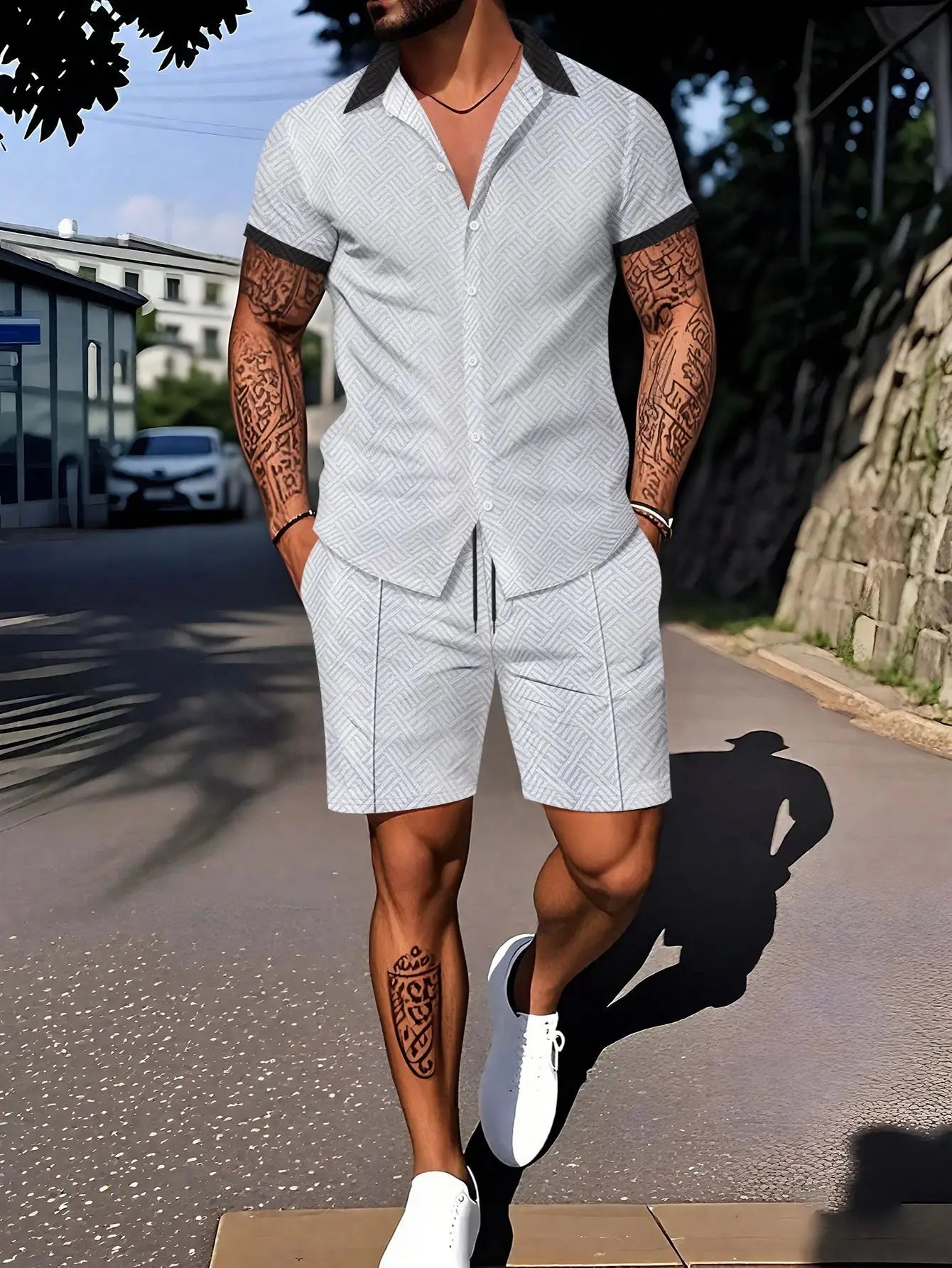A new set of fashionable 3D digital printed men's daily casual outdoor lapel short-sleeved POLO shirt and shorts, a 2-piece spor