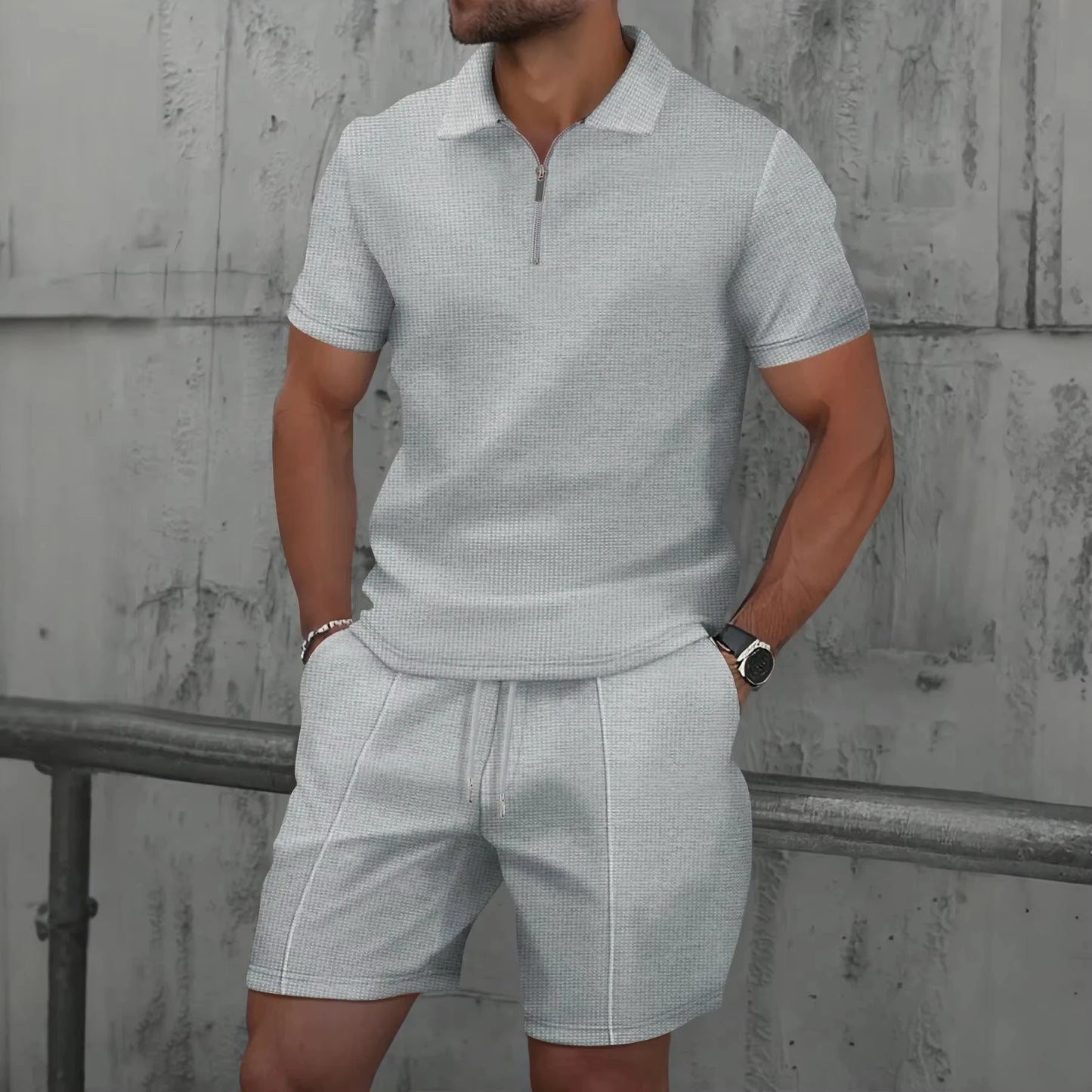 New Mens Zip Polo Sets Solid Color 3D Print Casual Zipper Polo Shirt +Shorts 2pcs Sets Business Sports Outfit Men Tracksuit Suit