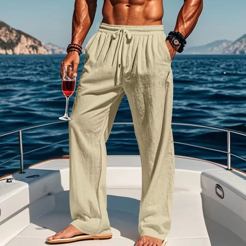 Spring and summer new men's solid-color cotton and linen casual long pants, Hawaiian beach loose sports and breathable street pa