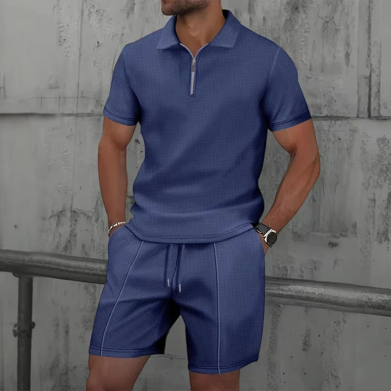 New Mens Zip Polo Sets Solid Color 3D Print Casual Zipper Polo Shirt +Shorts 2pcs Sets Business Sports Outfit Men Tracksuit Suit