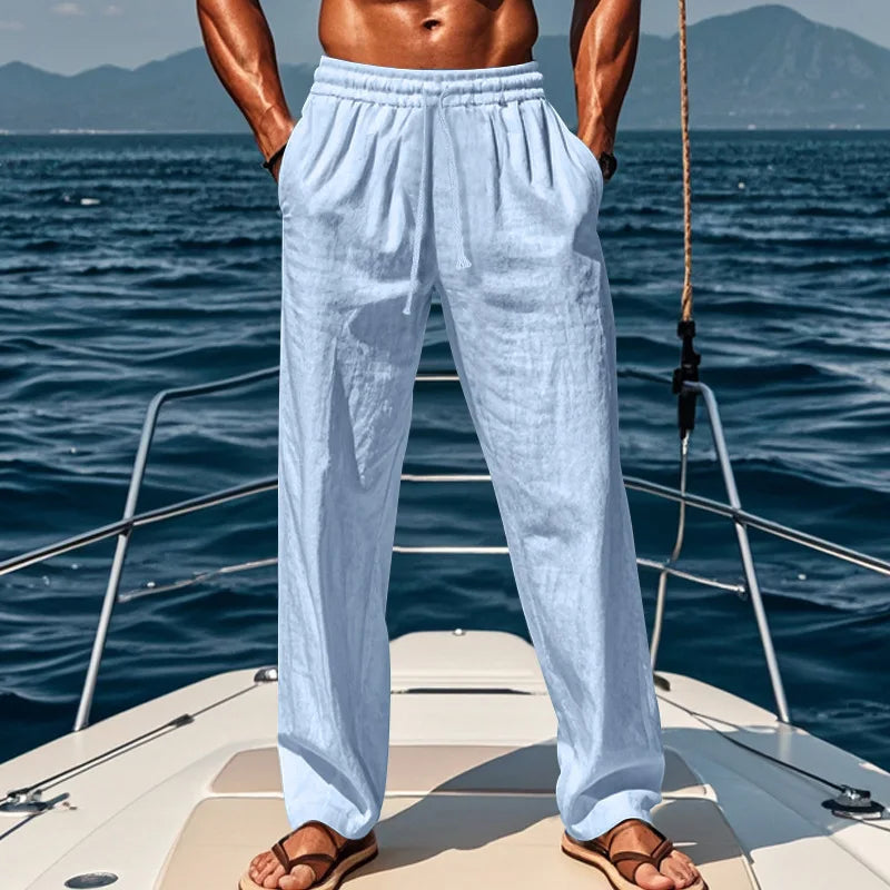 Spring and summer new men's solid-color cotton and linen casual long pants, Hawaiian beach loose sports and breathable street pa