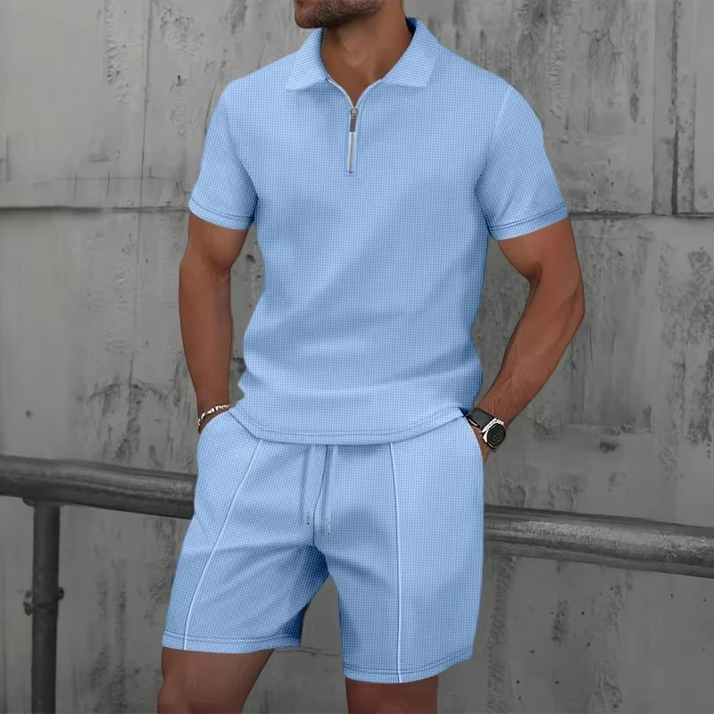 New Mens Zip Polo Sets Solid Color 3D Print Casual Zipper Polo Shirt +Shorts 2pcs Sets Business Sports Outfit Men Tracksuit Suit