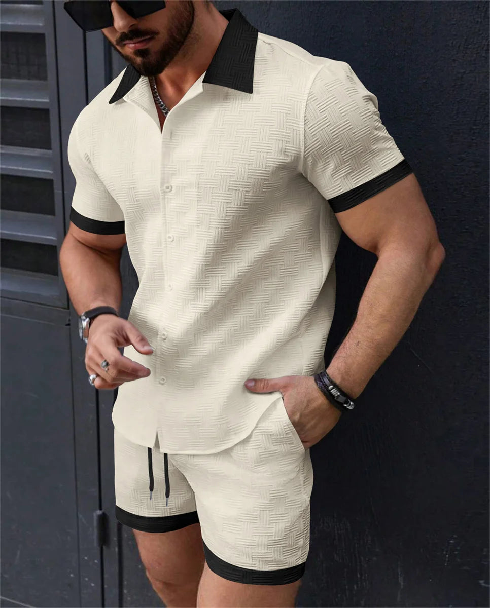 Summer men's new solid color lapel Hawaiian beach wind comfortable breathable jacquard short sleeve drawstring shorts set