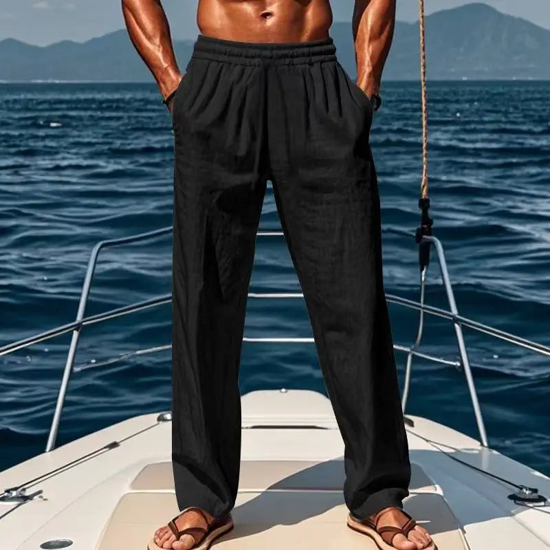 Spring and summer new men's solid-color cotton and linen casual long pants, Hawaiian beach loose sports and breathable street pa