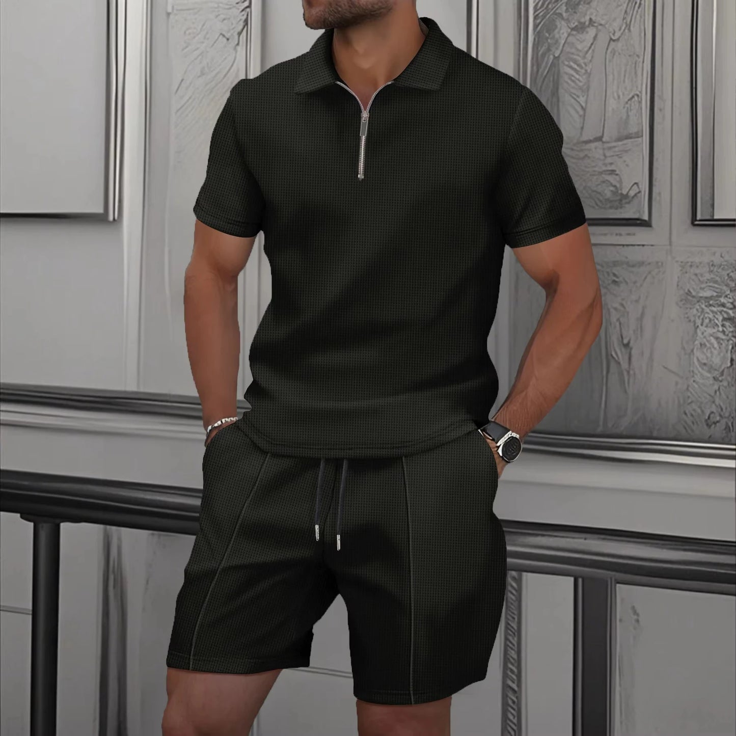 New Mens Zip Polo Sets Solid Color 3D Print Casual Zipper Polo Shirt +Shorts 2pcs Sets Business Sports Outfit Men Tracksuit Suit