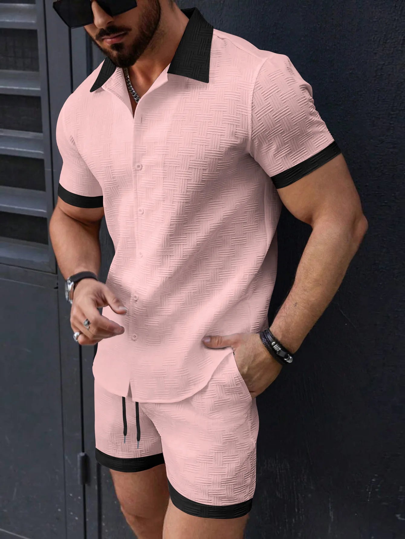 Summer men's new solid color lapel Hawaiian beach wind comfortable breathable jacquard short sleeve drawstring shorts set