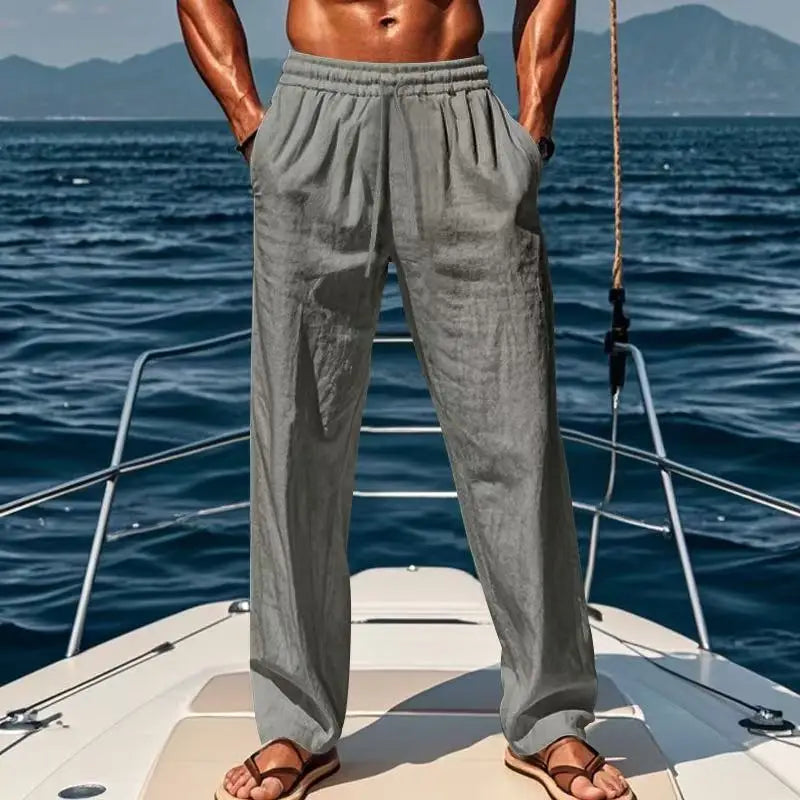 Spring and summer new men's solid-color cotton and linen casual long pants, Hawaiian beach loose sports and breathable street pa