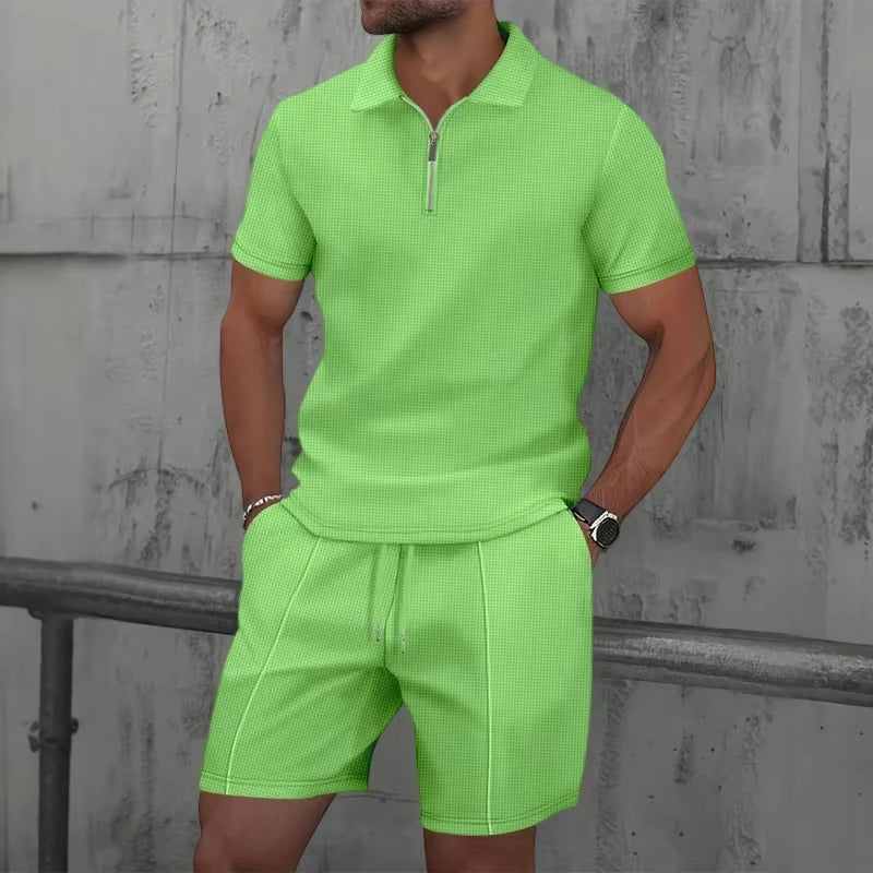 New Mens Zip Polo Sets Solid Color 3D Print Casual Zipper Polo Shirt +Shorts 2pcs Sets Business Sports Outfit Men Tracksuit Suit