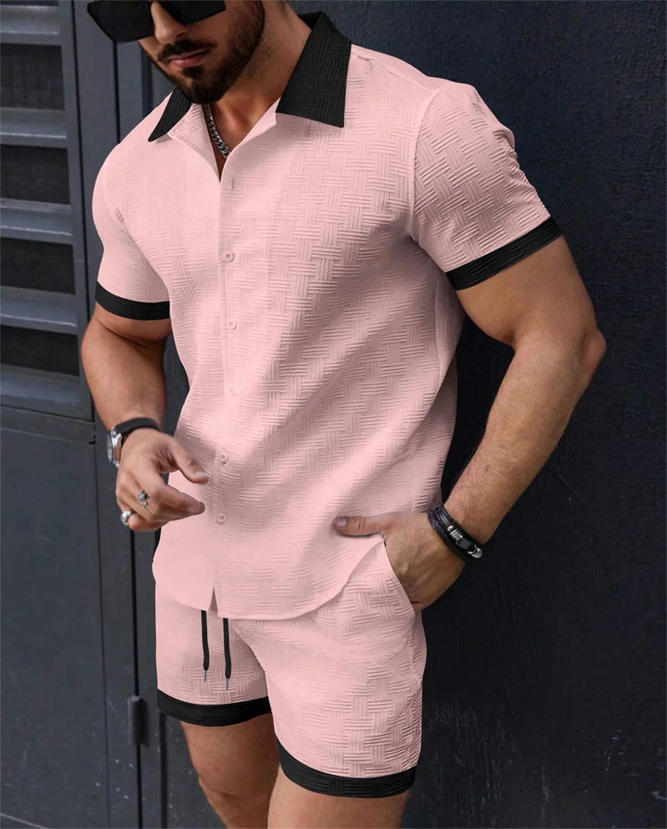 Summer men's new solid color lapel Hawaiian beach wind comfortable breathable jacquard short sleeve drawstring shorts set
