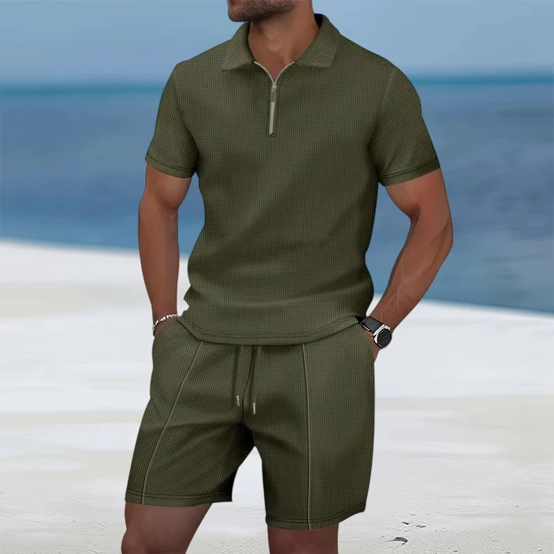 New Mens Zip Polo Sets Solid Color 3D Print Casual Zipper Polo Shirt +Shorts 2pcs Sets Business Sports Outfit Men Tracksuit Suit