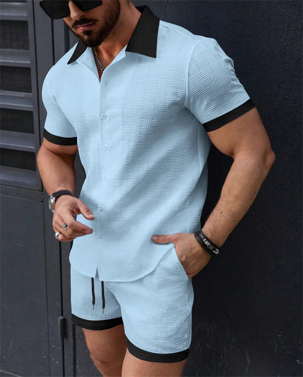 Summer men's new solid color lapel Hawaiian beach wind comfortable breathable jacquard short sleeve drawstring shorts set