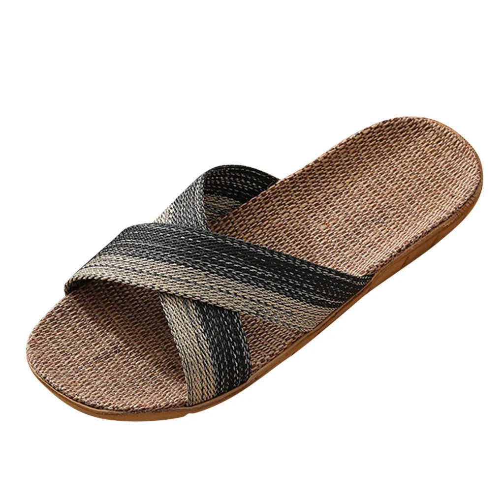 Men Shoes Slippers Linen Home Indoor Open Toe Flat Shoe Beach Slippers Striped Spliced Rubber Sandals Zapatillas Hombre
