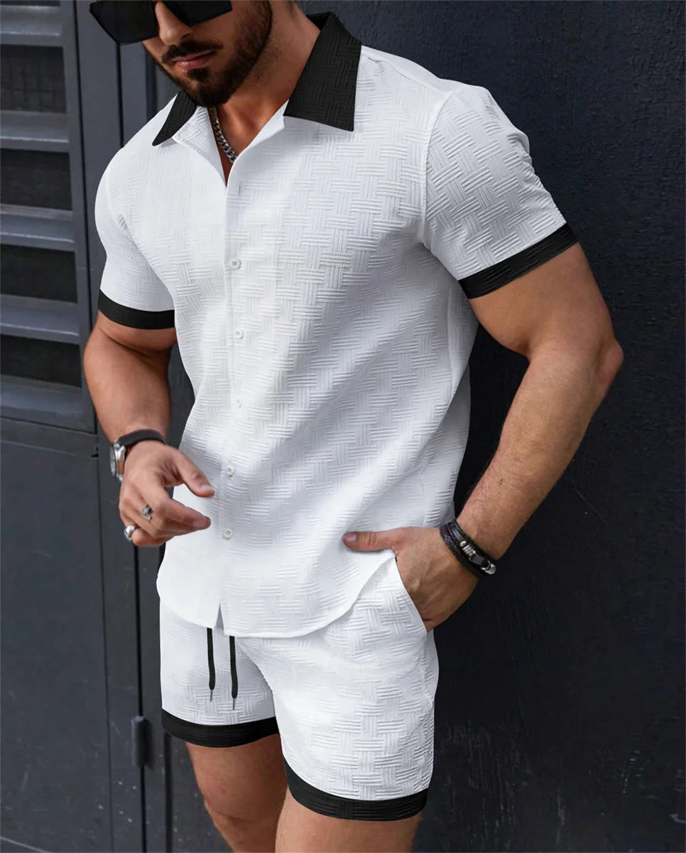 Summer men's new solid color lapel Hawaiian beach wind comfortable breathable jacquard short sleeve drawstring shorts set