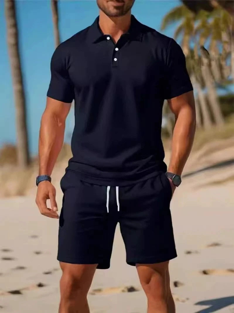 Summer casual versatile fashionable short-sleeved button-down polo shirt set of high-quality short-sleeves, short pants set