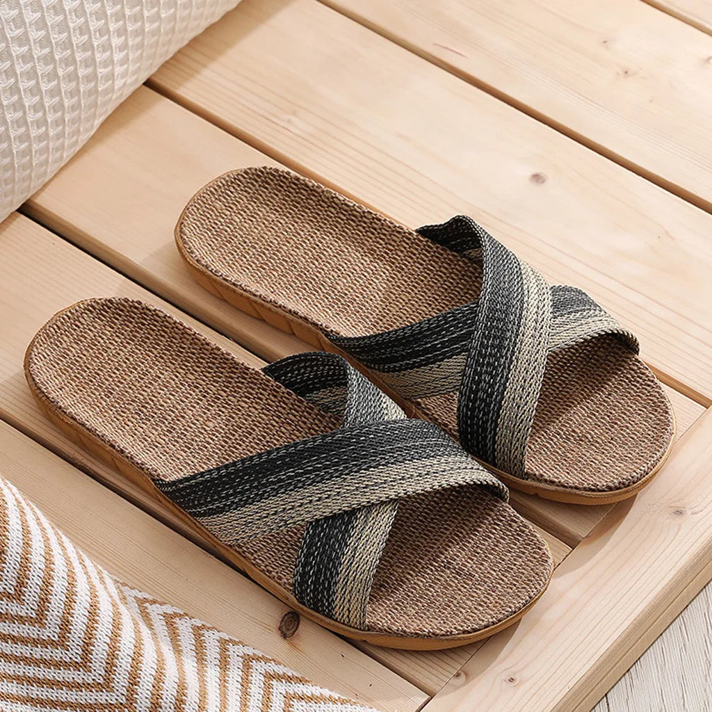 Men Shoes Slippers Linen Home Indoor Open Toe Flat Shoe Beach Slippers Striped Spliced Rubber Sandals Zapatillas Hombre