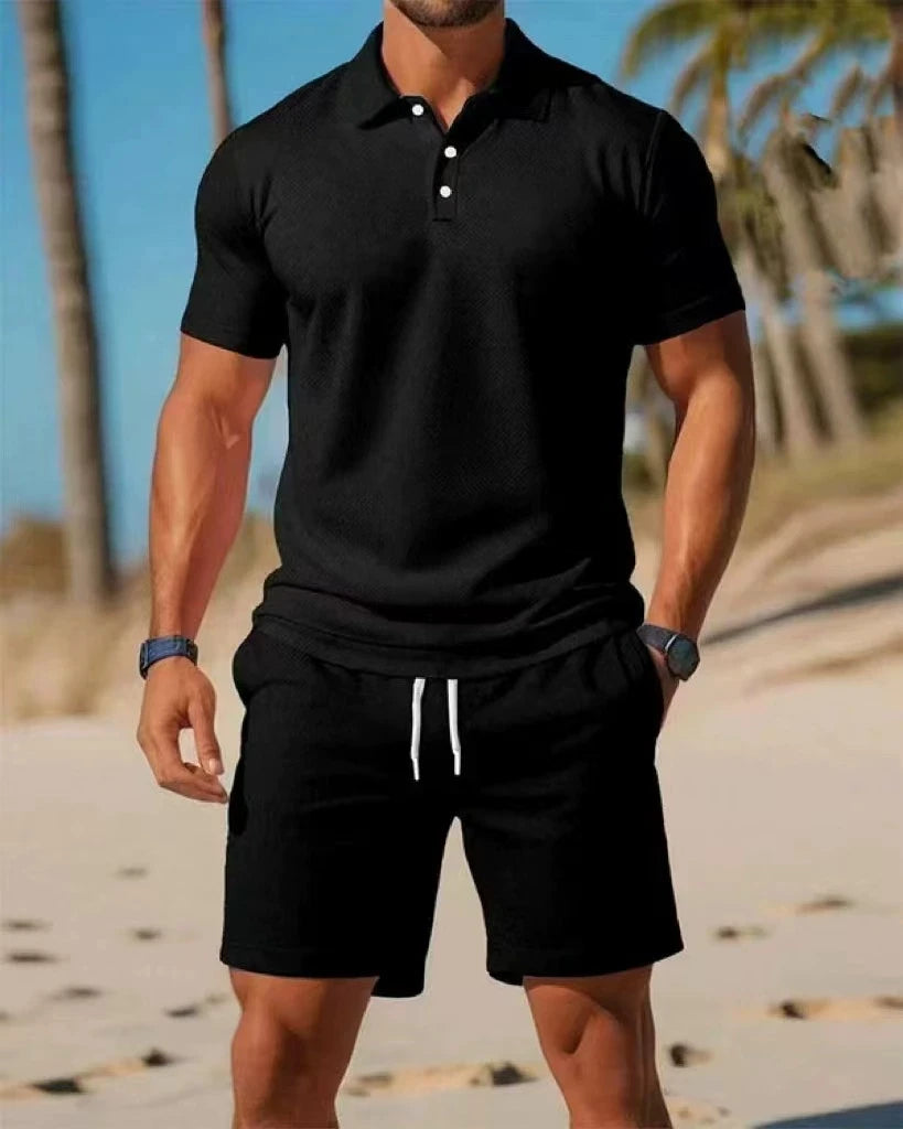 Summer casual versatile fashionable short-sleeved button-down polo shirt set of high-quality short-sleeves, short pants set
