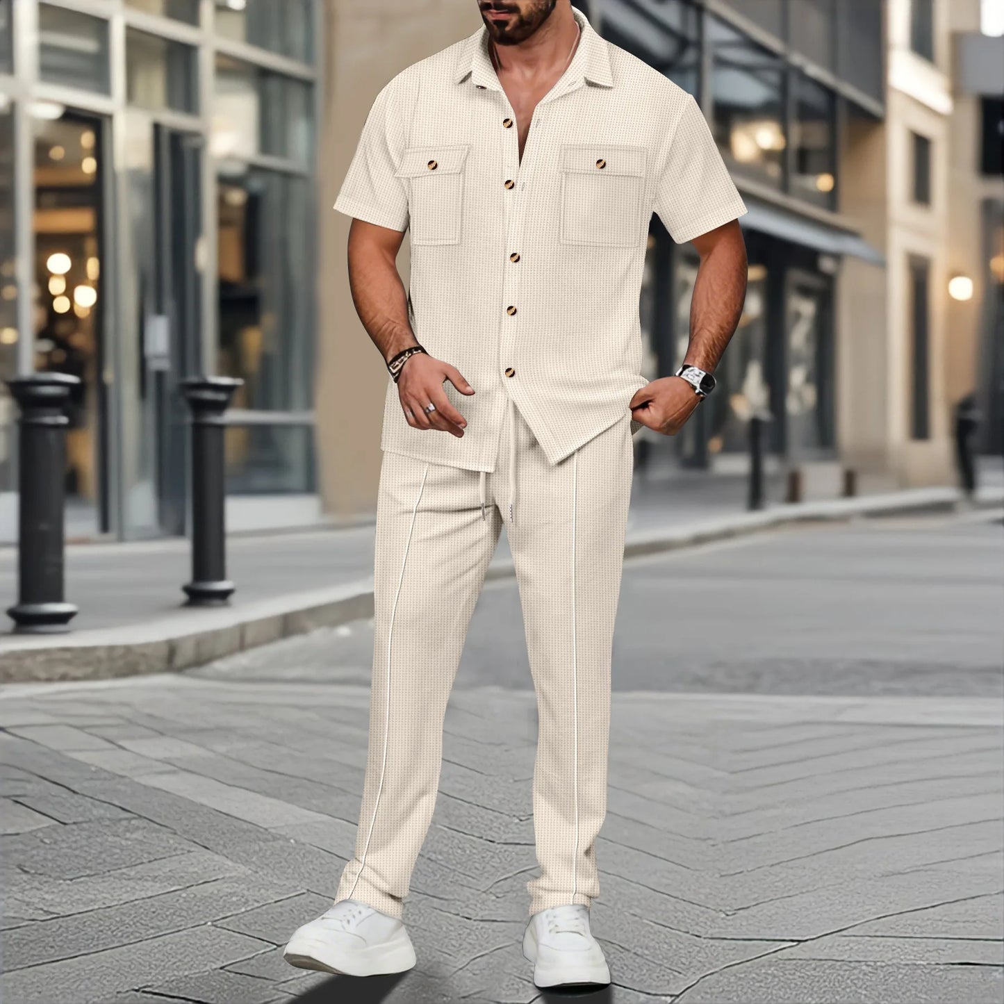 Men's summer solid-color casual two-piece set with lapel buttons, double pockets, short-sleeved shirt and long pants, comfortabl