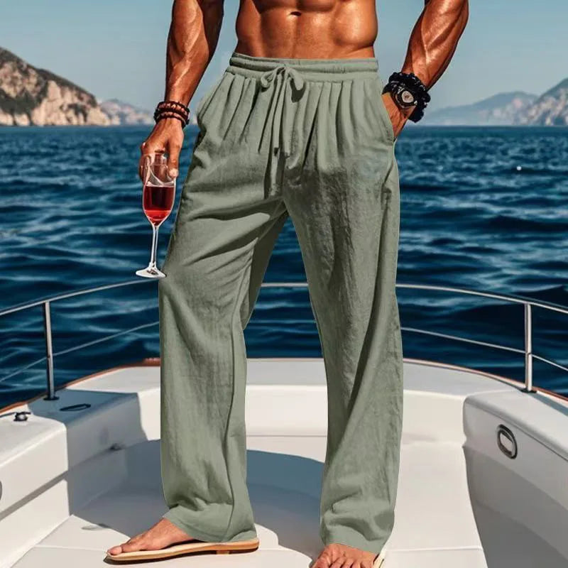 Spring and summer new men's solid-color cotton and linen casual long pants, Hawaiian beach loose sports and breathable street pa