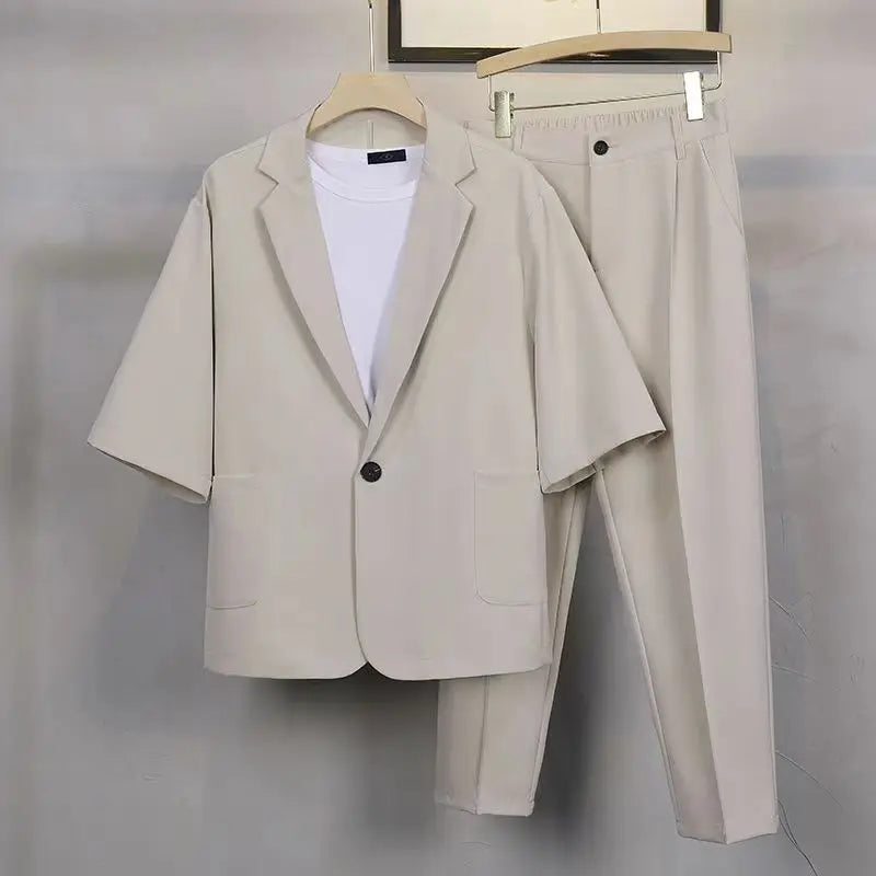 Spring Autumn Korean Style Men Formal Suits Short Sleeved Jackets And Long Pants Male Simple Solid  Slim Fit Two-piece Sets