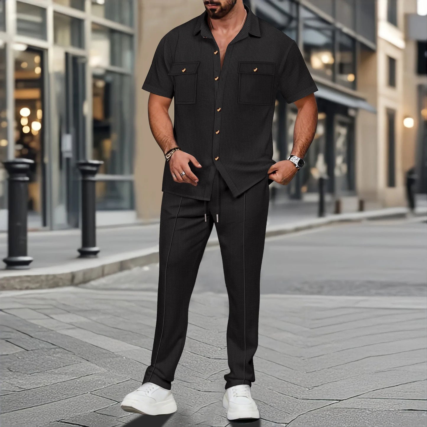 Men's summer solid-color casual two-piece set with lapel buttons, double pockets, short-sleeved shirt and long pants, comfortabl