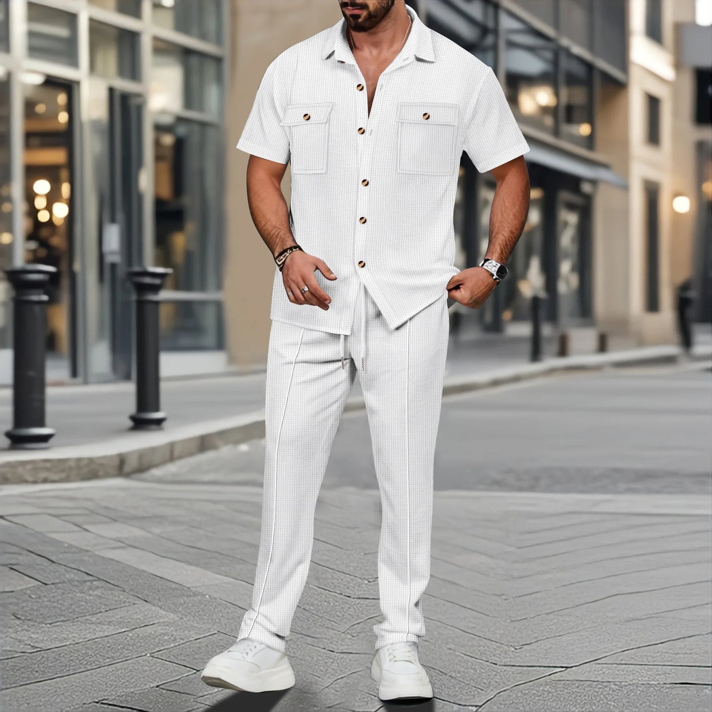 Men's summer solid-color casual two-piece set with lapel buttons, double pockets, short-sleeved shirt and long pants, comfortabl