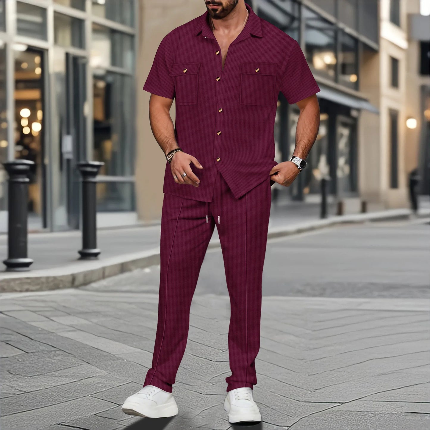 Men's summer solid-color casual two-piece set with lapel buttons, double pockets, short-sleeved shirt and long pants, comfortabl