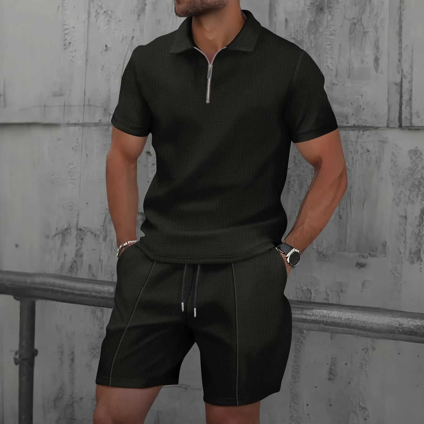 New Mens Zip Polo Sets Solid Color 3D Print Casual Zipper Polo Shirt +Shorts 2pcs Sets Business Sports Outfit Men Tracksuit Suit