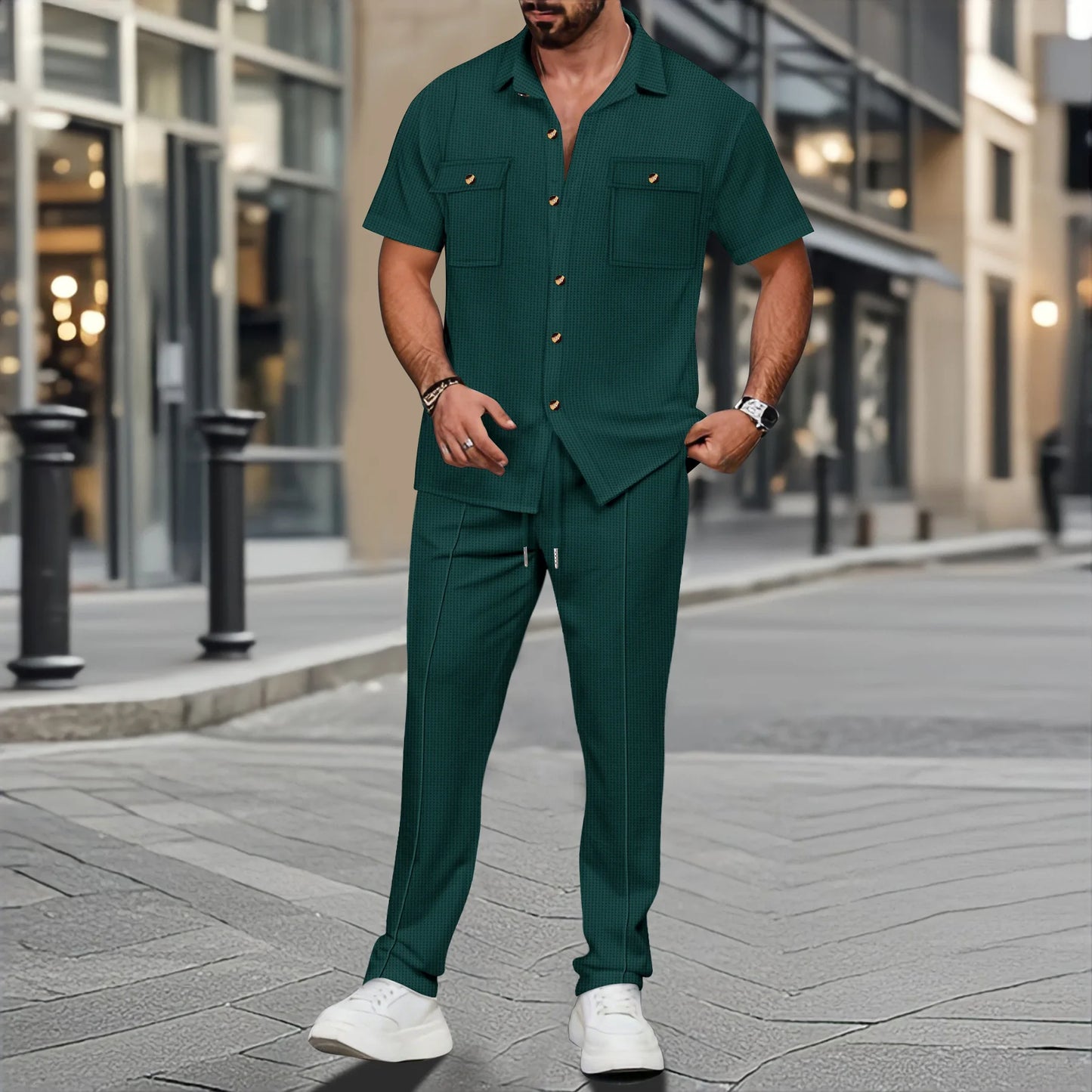 Men's summer solid-color casual two-piece set with lapel buttons, double pockets, short-sleeved shirt and long pants, comfortabl