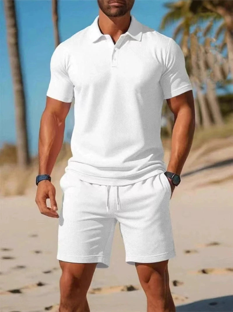 Summer casual versatile fashionable short-sleeved button-down polo shirt set of high-quality short-sleeves, short pants set