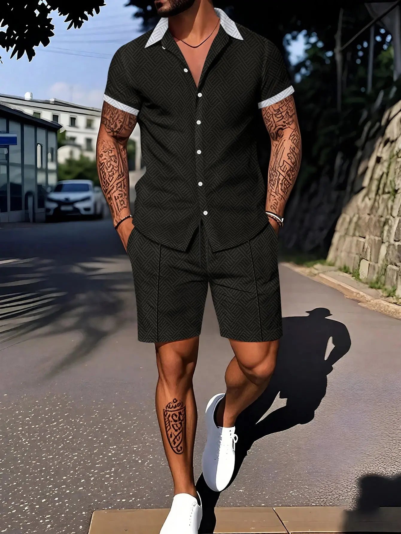A new set of fashionable 3D digital printed men's daily casual outdoor lapel short-sleeved POLO shirt and shorts, a 2-piece spor