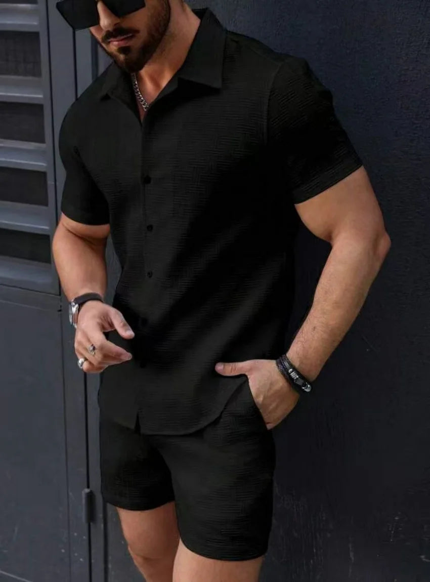 2025 Europe and the United States fashion casual high-quality men's short-sleeved shirt shorts sports beach two-piece set