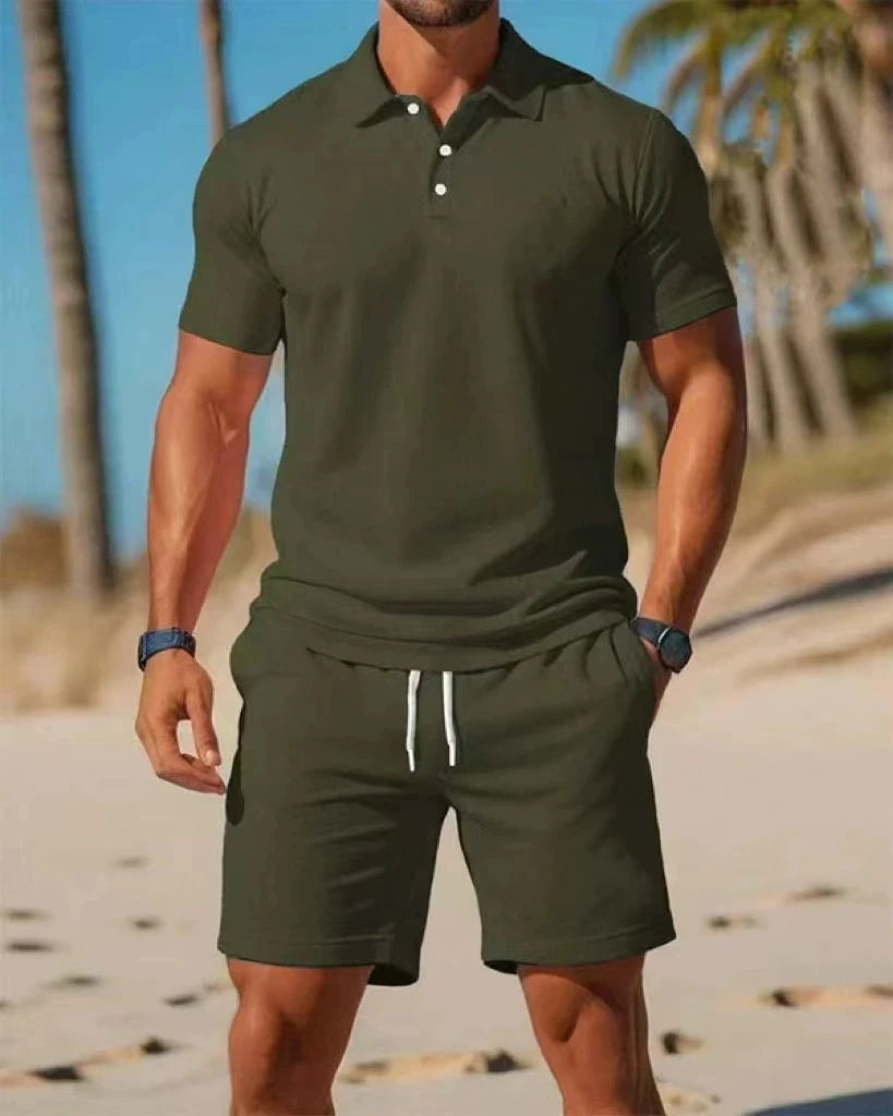 Summer casual versatile fashionable short-sleeved button-down polo shirt set of high-quality short-sleeves, short pants set