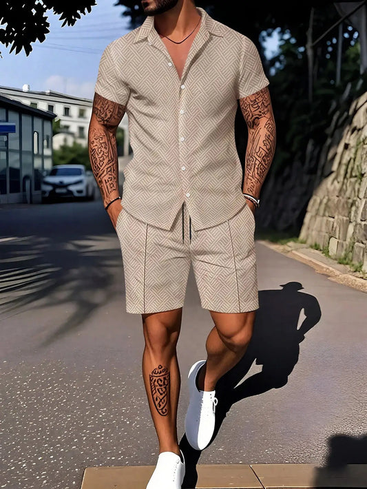 A new set of fashionable 3D digital printed men's daily casual outdoor lapel short-sleeved POLO shirt and shorts, a 2-piece spor