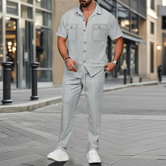 Men's summer solid-color casual two-piece set with lapel buttons, double pockets, short-sleeved shirt and long pants, comfortabl