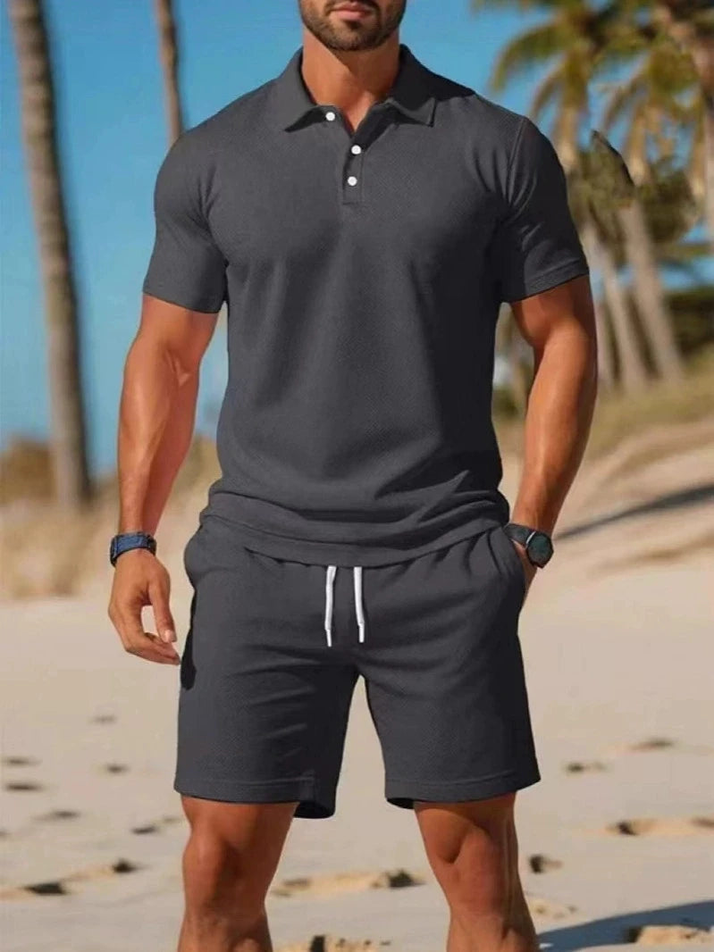 Summer casual versatile fashionable short-sleeved button-down polo shirt set of high-quality short-sleeves, short pants set