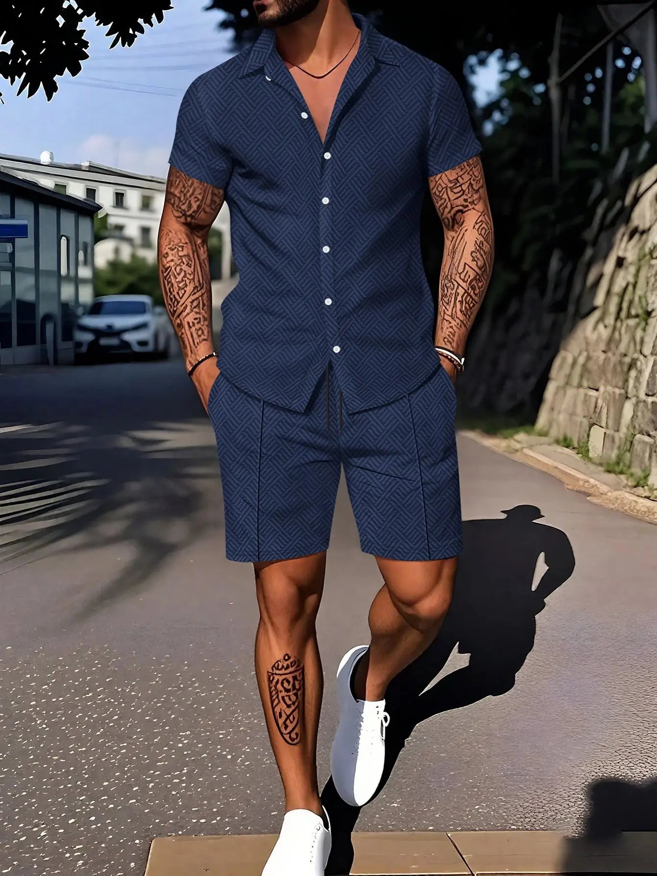 A new set of fashionable 3D digital printed men's daily casual outdoor lapel short-sleeved POLO shirt and shorts, a 2-piece spor