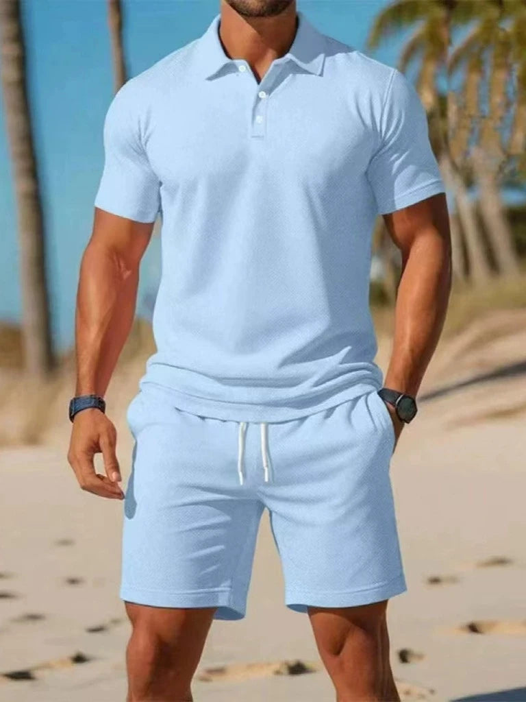 Summer casual versatile fashionable short-sleeved button-down polo shirt set of high-quality short-sleeves, short pants set